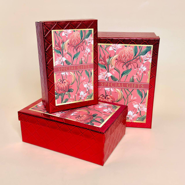 Набір подарункових коробок з малюнком "Квіти" червоного кольору