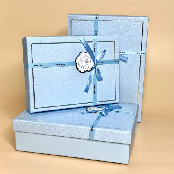 Набір подарункових коробок з бантом, 3 шт, блакитні прямокутні
