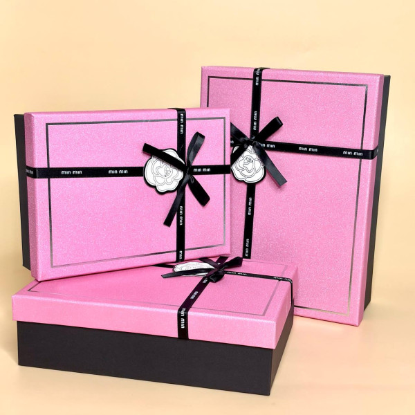 Набір подарункових коробок з бантом, 3 шт, рожеві прямокутні