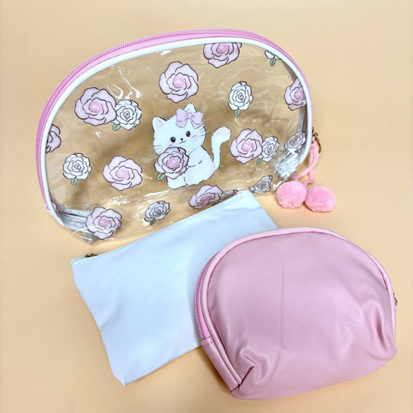 Набір з трьох косметичок з котиком у квітах
