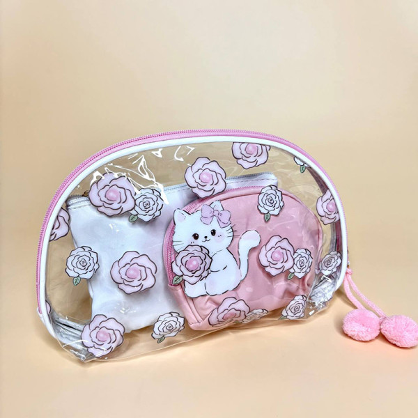 Набір з трьох косметичок з котиком у квітах