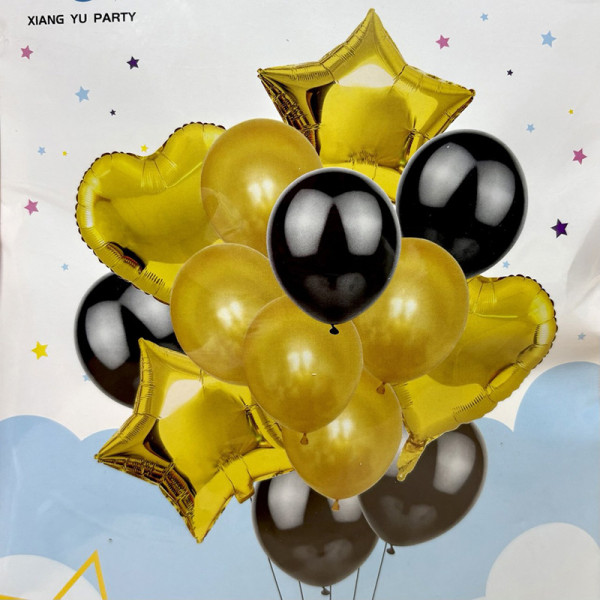 Набір кульок "Мікс" фольгованими зірками та сердечками 14 шт золото з чорним