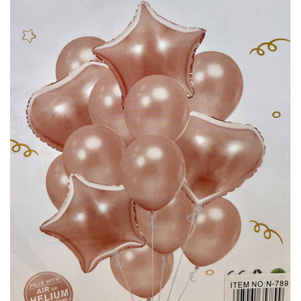 Набір кульок "Мікс" фольгованими зірками та сердечками 14 шт  кольору рожеве золото