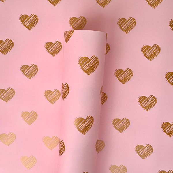 Флористичний пакувальний папір для квітів рожевий із золотими серцями