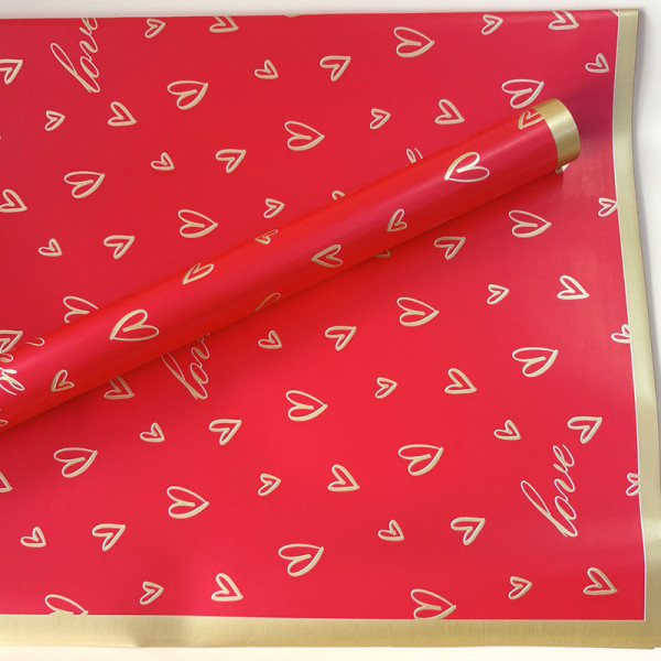 Флористичний пакувальний папір для квітів червоний із золотими серцями