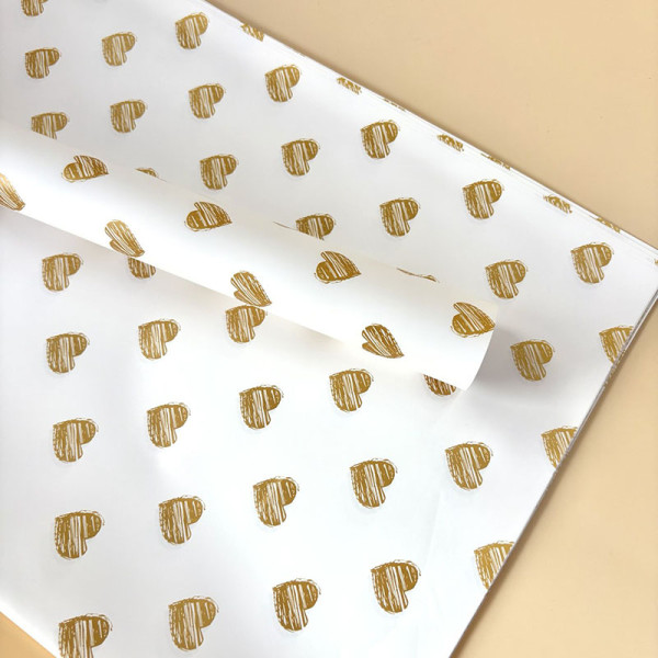 Флористичний пакувальний папір для квітів білий із золотими серцями
