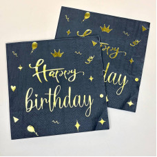 Святкові серветки в чорному кольорі з золотим написом Happy birthday