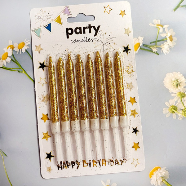 Свічки для торта Party Candles з блискітками тонкі золоті