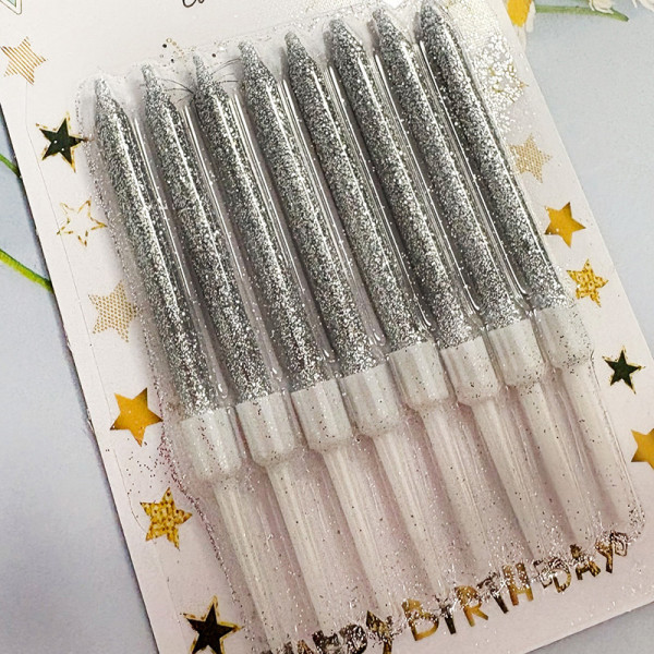 Свічки для торта Party Candles з блискітками товсті срібні