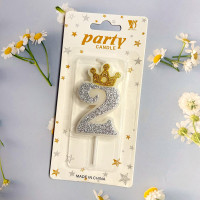 Свічка-цифра з блискітками для торта "Crown mini " срібло- 2.