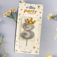 Свічка-цифра з блискітками для торта "Crown mini " срібло- 3.