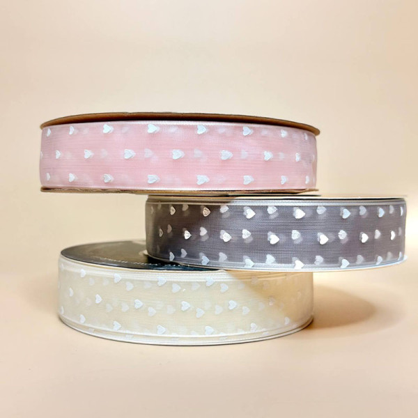 Стрічка органза з малюнком сердечка 2,5 рожевого кольору