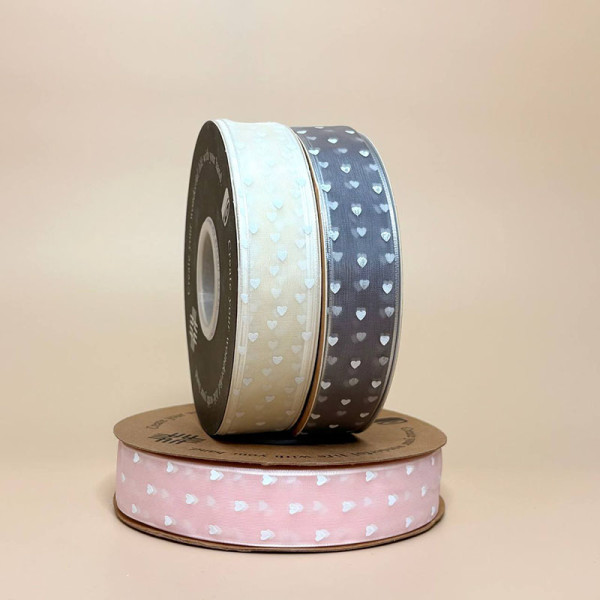 Стрічка органза з малюнком сердечка 2,5 рожевого кольору