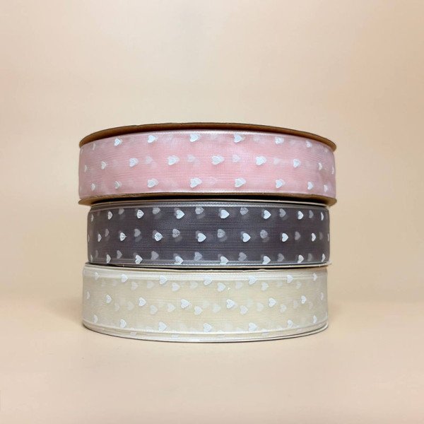 Стрічка органза з малюнком сердечка 2,5 рожевого кольору