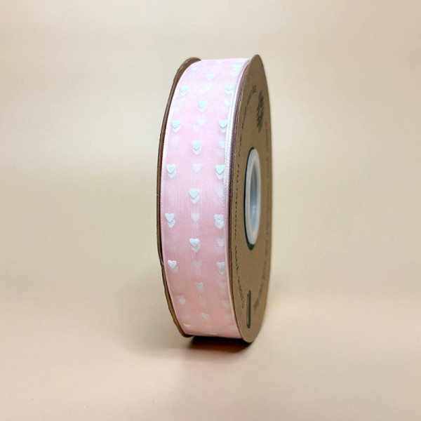 Стрічка органза з малюнком сердечка 2,5 рожевого кольору