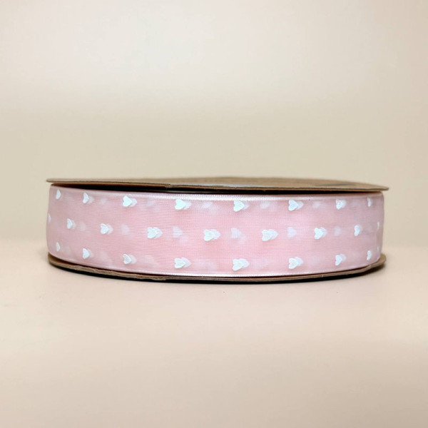 Стрічка органза з малюнком сердечка 2,5 рожевого кольору